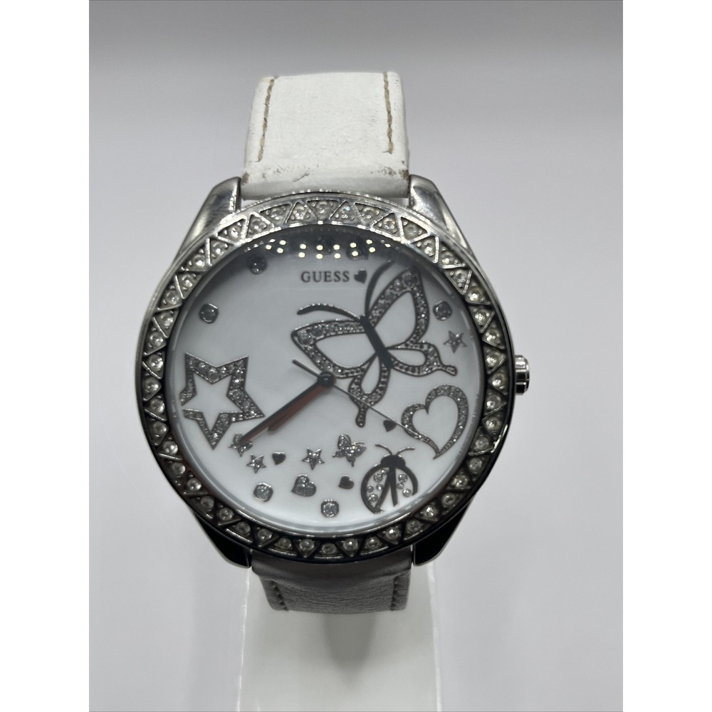 GUESS Ladies Butterfly Design Watch Rhinestone Bezel‎ Leather Band- New Battery